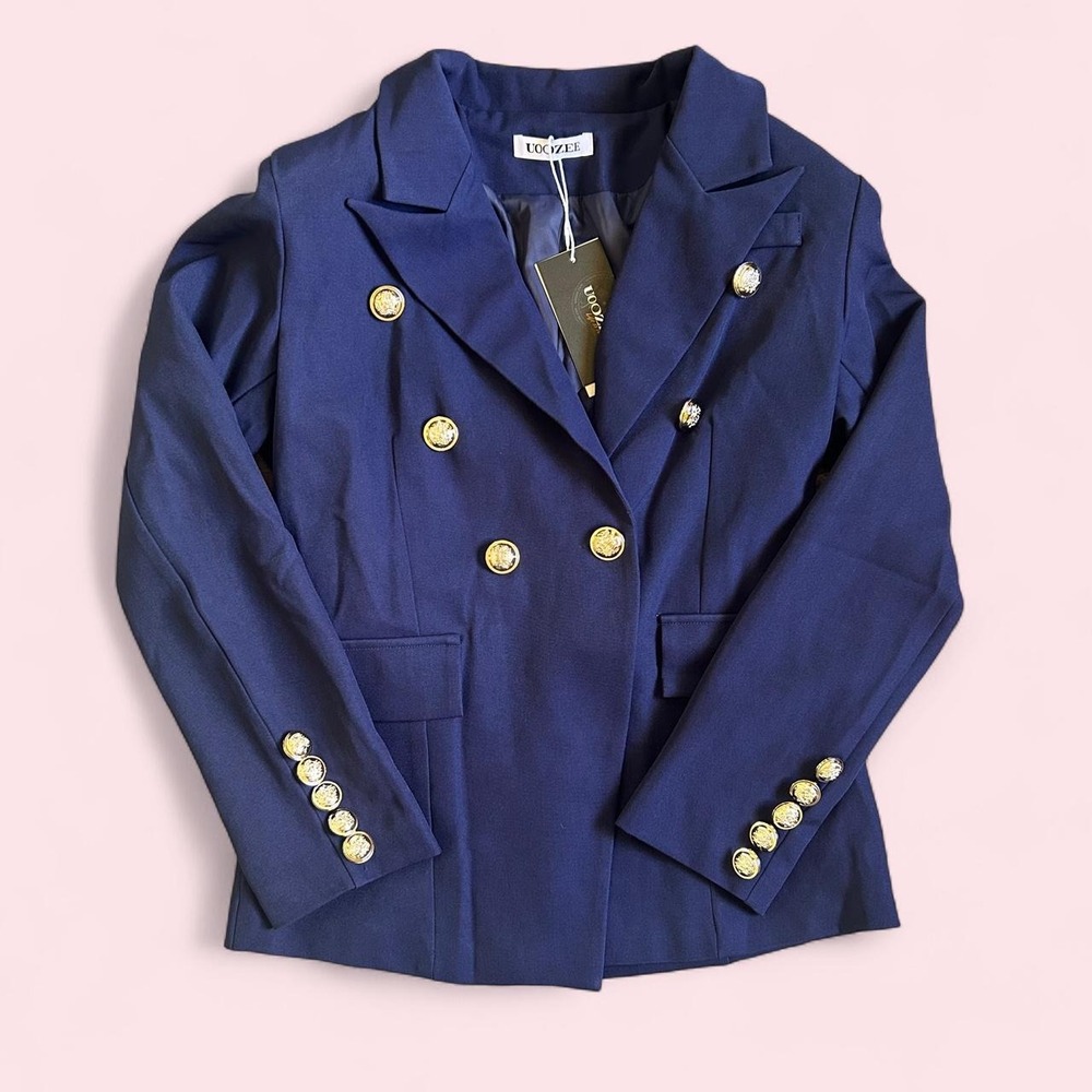 Uoozee Navy Blue Double Breasted Gold Crest Button Blazer Jacket Medium NWT
